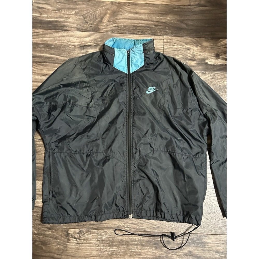 Vintage Nike Windbreaker Jacket No Hood Black Blue Swoosh Full Zip up Rare 614 - Picture 2 of 6